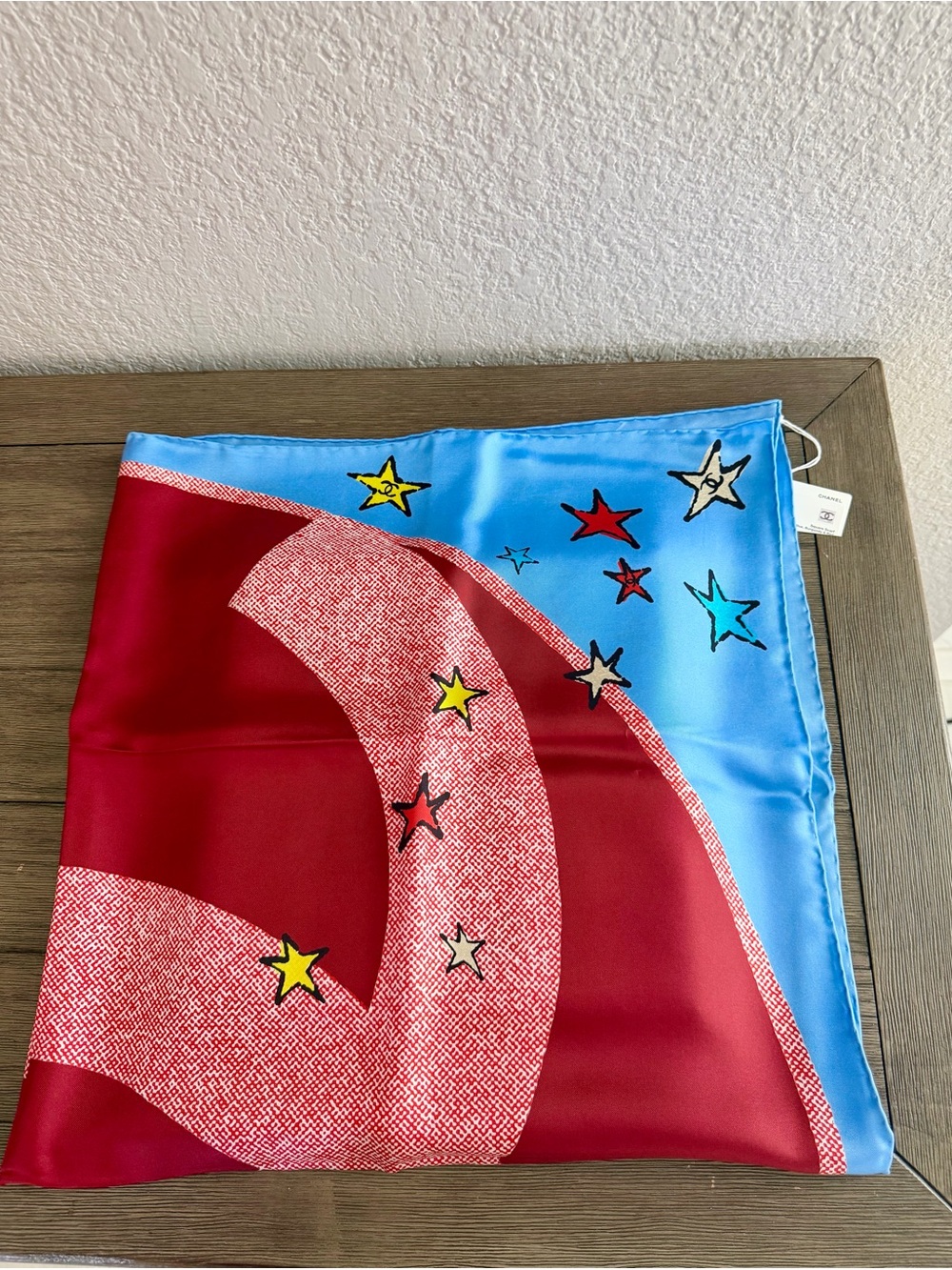 CHANEL Red, Blue & Yellow Star Silk Scarf
